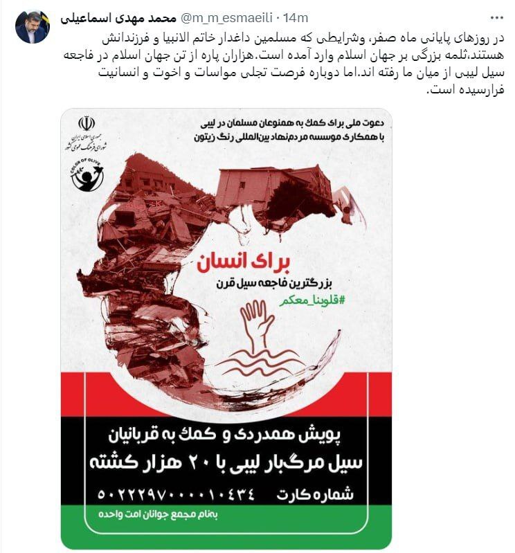 وزیر فرهنگ برای کمک به لیبی شماره کارت داد +عکس