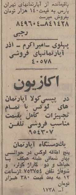 مظنه قیمت انواع ملک در تهران سال ۱۳۵۳