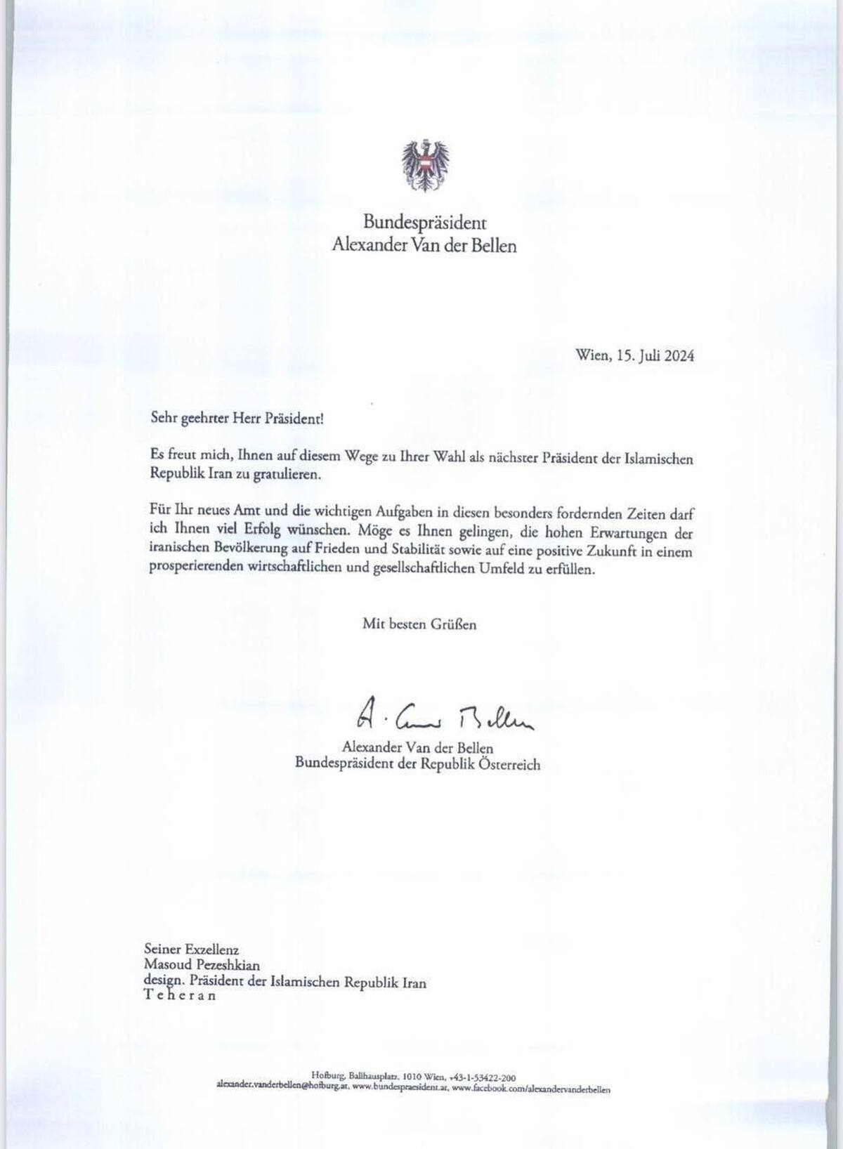 رئیس‌جمهور اتریش برای پزشکیان نامه نوشت +عکس